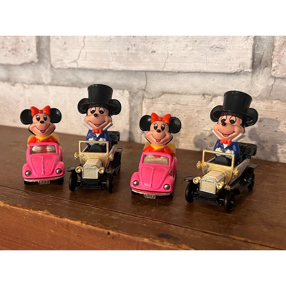 2 Pairs of Vintage 1980s TOMY Disney Mickey Minnie Mouse‎ Diet Cast Toy Cars